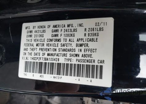 2011 Honda Accord 2.4 Ex from USA, damaged, VIN 1HGCP2F73BA105428
